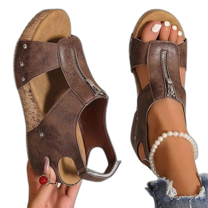 Comfortable Black Leather Sandals for Women with Cutout Closed Toe Buckle Casual Style
