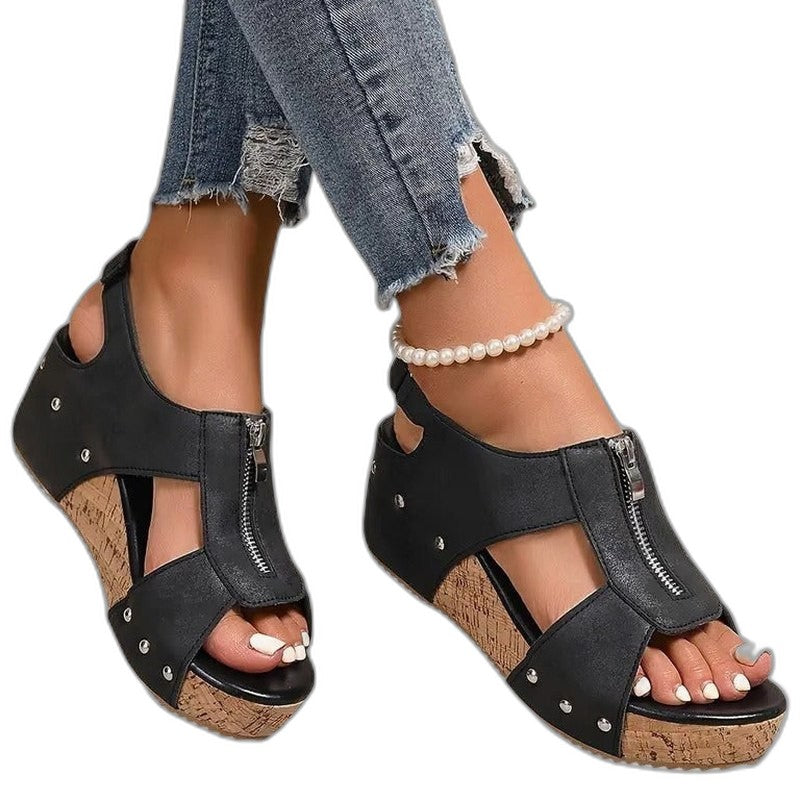 Comfortable Black Leather Sandals for Women with Cutout Closed Toe Buckle Casual Style