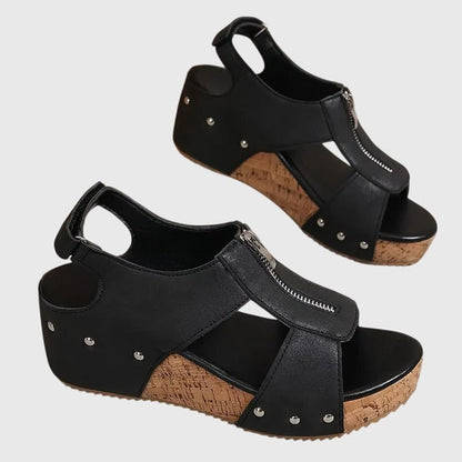 Comfortable Black Leather Sandals for Women with Cutout Closed Toe Buckle Casual Style