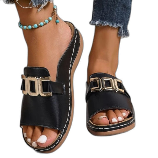 Comfortable Black Leather Sandals for Women with Open Toe Buckle Casual Style