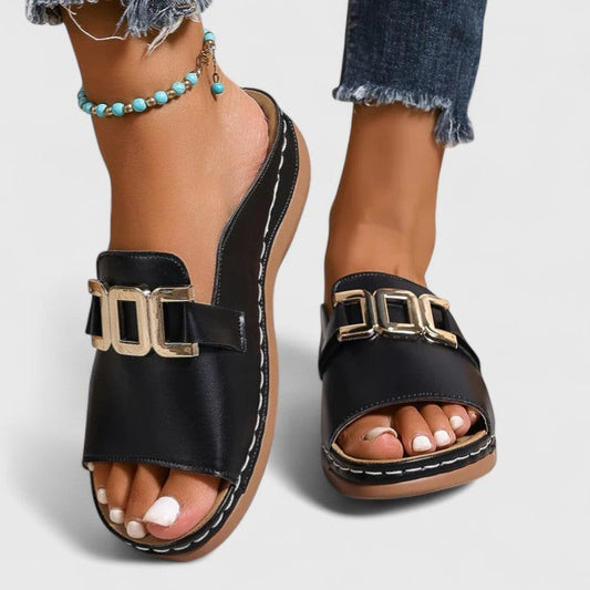 Comfortable Black Leather Sandals for Women with Open Toe Buckle Casual Style