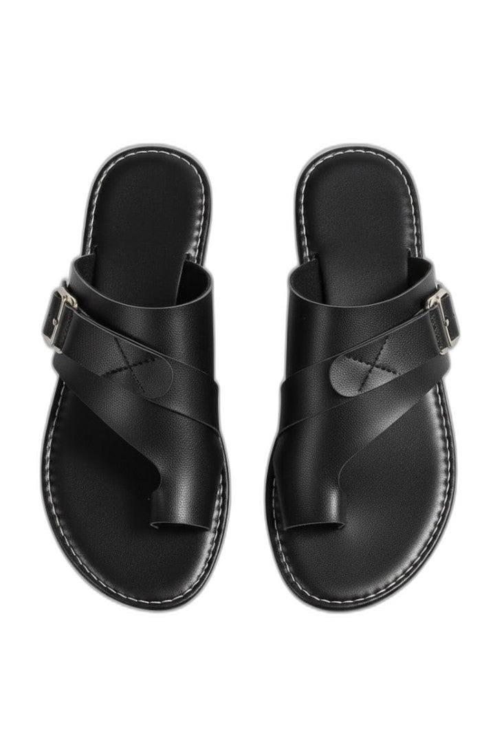 Comfortable Black Leather Sandals for Women with Open Toe Buckle Casual Style