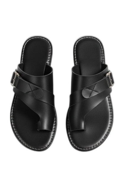 Comfortable Black Leather Sandals for Women with Open Toe Buckle Casual Style