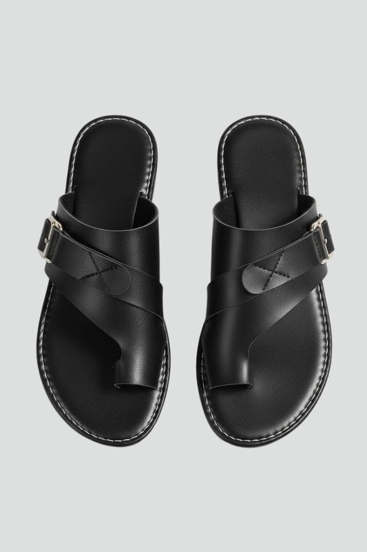 Comfortable Black Leather Sandals for Women with Open Toe Buckle Casual Style