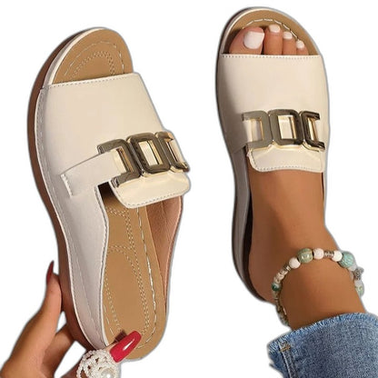 Comfortable Black Leather Sandals for Women with Open Toe Buckle Casual Style