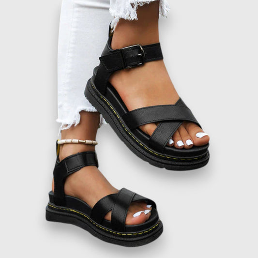 Comfortable Black Leather Sandals for Women with Platform Ankle Strap Open Toe Buckle Casual Style