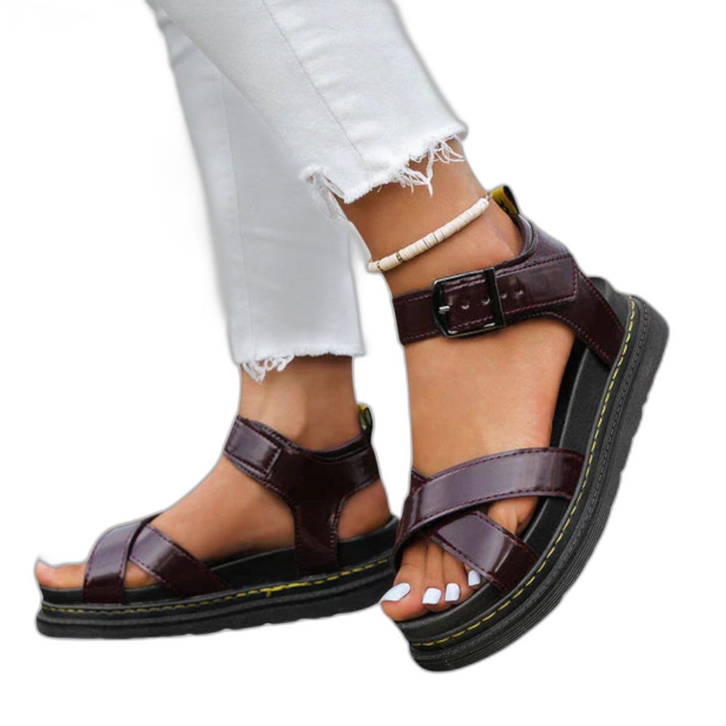 Comfortable Black Leather Sandals for Women with Platform Ankle Strap Open Toe Buckle Casual Style