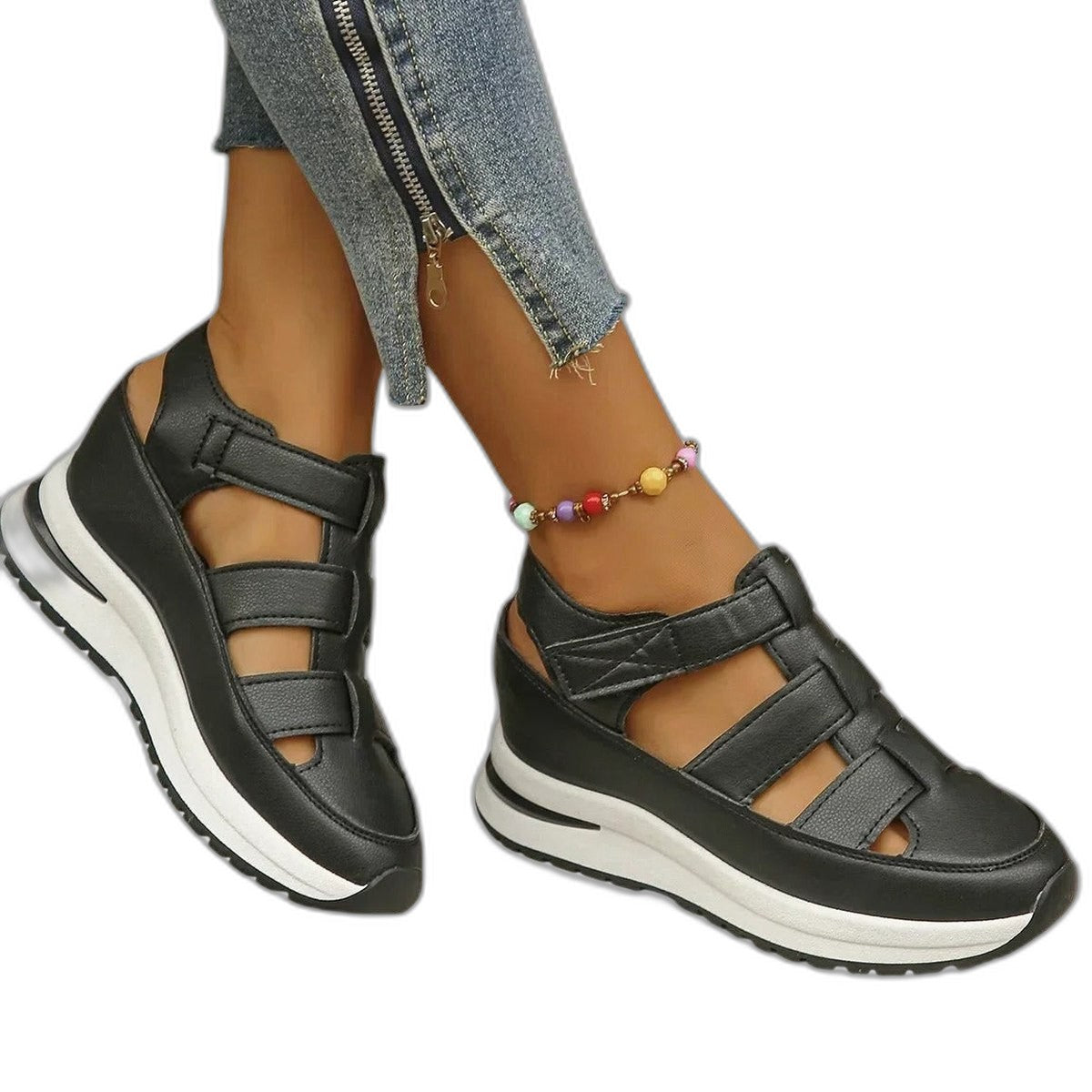 Comfortable Black Leather Sandals for Women with Platform Ankle Strap Open Toe Casual Style