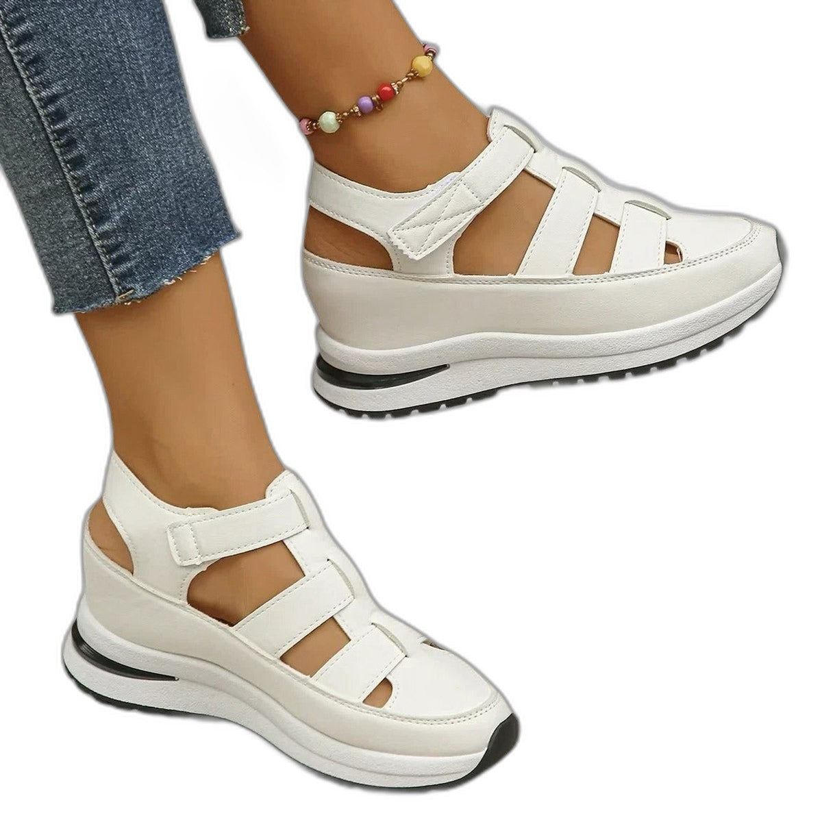 Comfortable Black Leather Sandals for Women with Platform Ankle Strap Open Toe Casual Style
