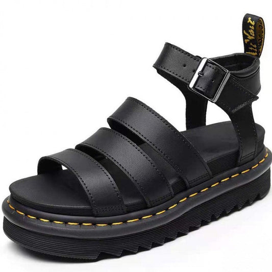 Comfortable Black Leather Sandals for Women with Platform Ankle Strap Open Toe Strappy Casual Style