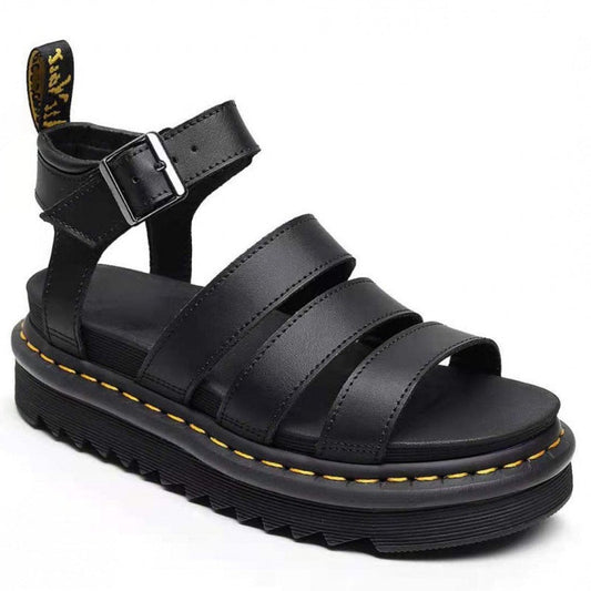 Comfortable Black Leather Sandals for Women with Platform Ankle Strap Open Toe Strappy Casual Style