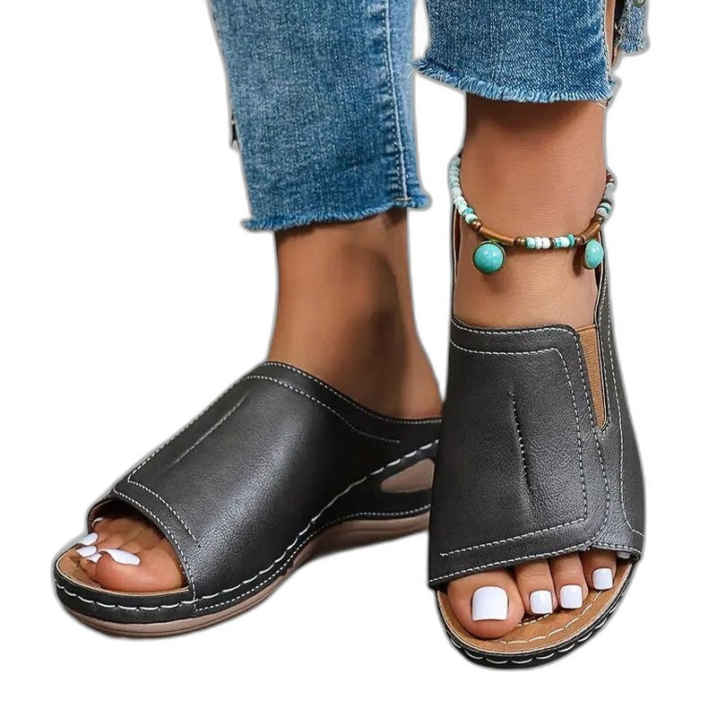 Comfortable Black Leather Sandals for Women with Platform Open Toe Casual Style