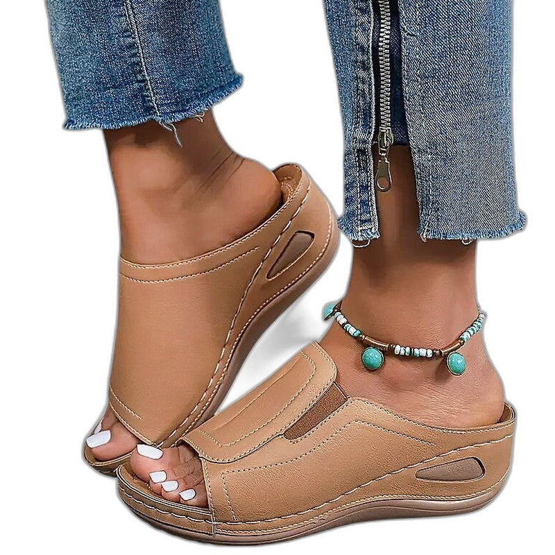 Comfortable Black Leather Sandals for Women with Platform Open Toe Casual Style