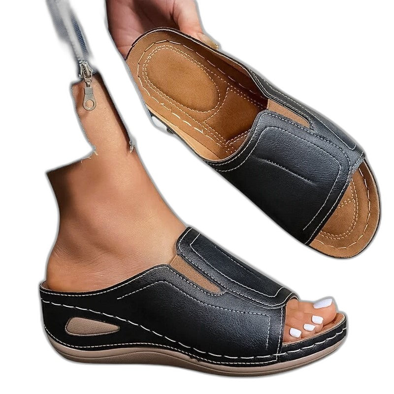 Comfortable Black Leather Sandals for Women with Platform Open Toe Casual Style