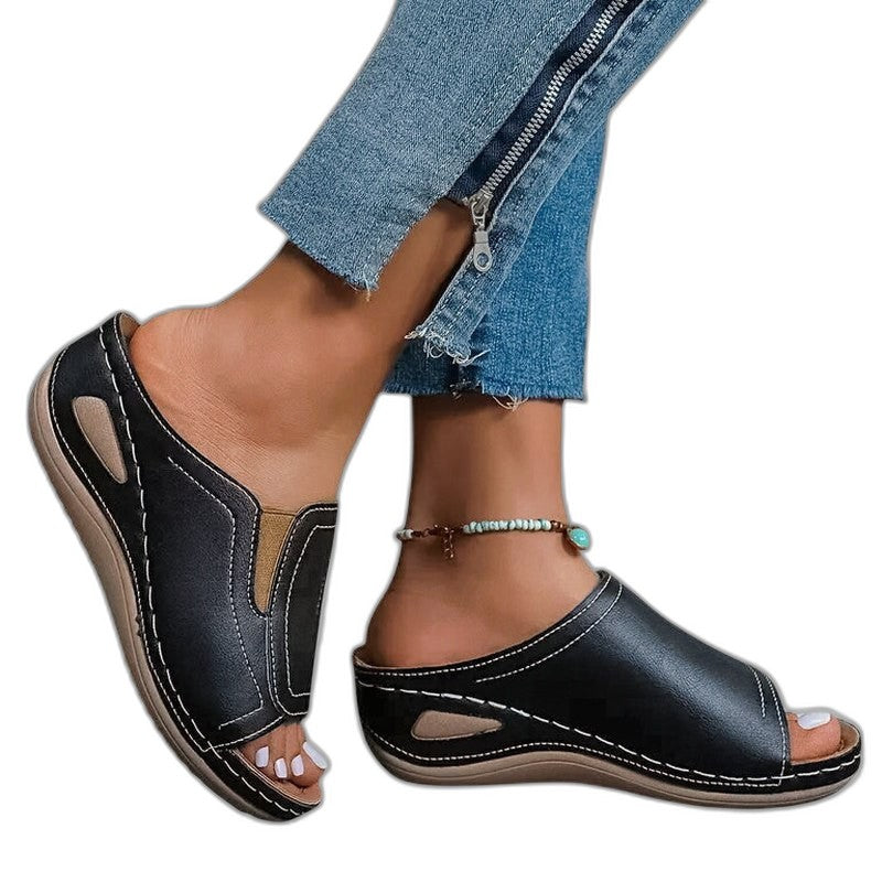 Comfortable Black Leather Sandals for Women with Platform Open Toe Casual Style