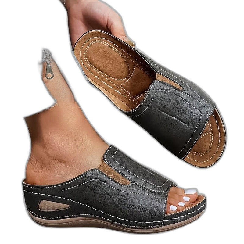 Comfortable Black Leather Sandals for Women with Platform Open Toe Casual Style