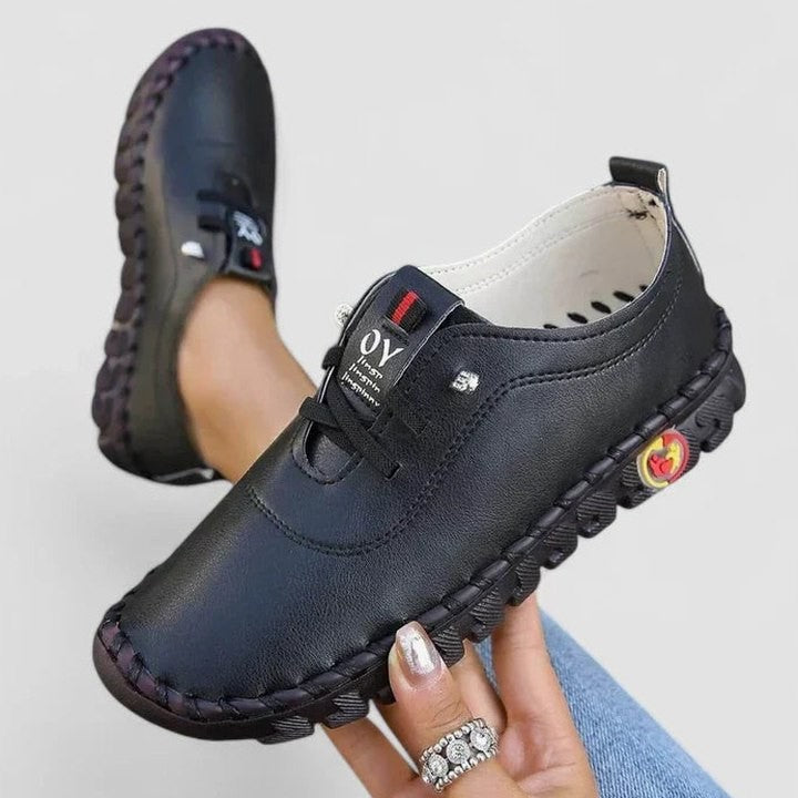 Comfortable Black Leather Sneakers for Women with Closed Toe Casual Style