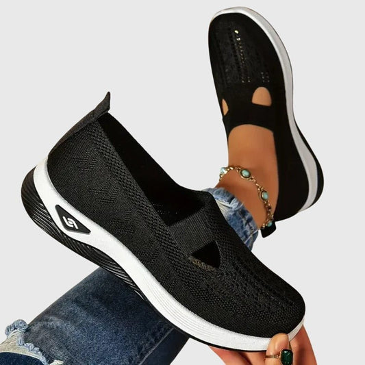 Comfortable Black Mesh Sneakers for Women with Cutout Platform Closed Toe Casual Style