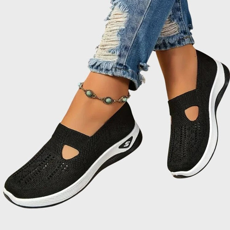 Comfortable Black Mesh Sneakers for Women with Cutout Platform Closed Toe Casual Style