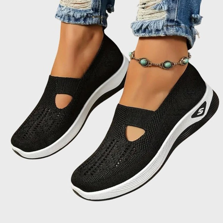 Comfortable Black Mesh Sneakers for Women with Cutout Platform Closed Toe Casual Style