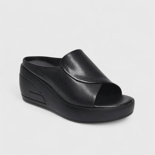 Comfortable Black Mules for Women with Platform Wedge Open Toe Casual Style