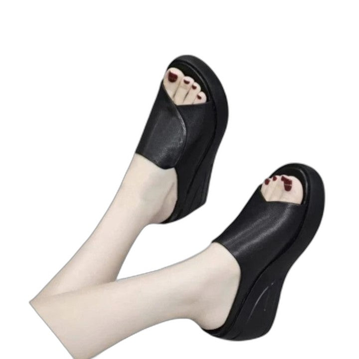 Comfortable Black Mules for Women with Platform Wedge Open Toe Casual Style