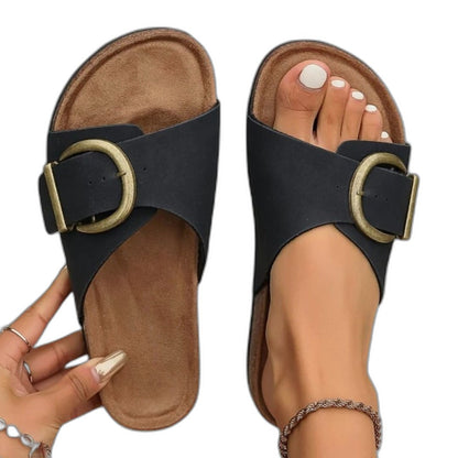 Comfortable Black Sandals for Women with Open Toe Buckle Casual Style