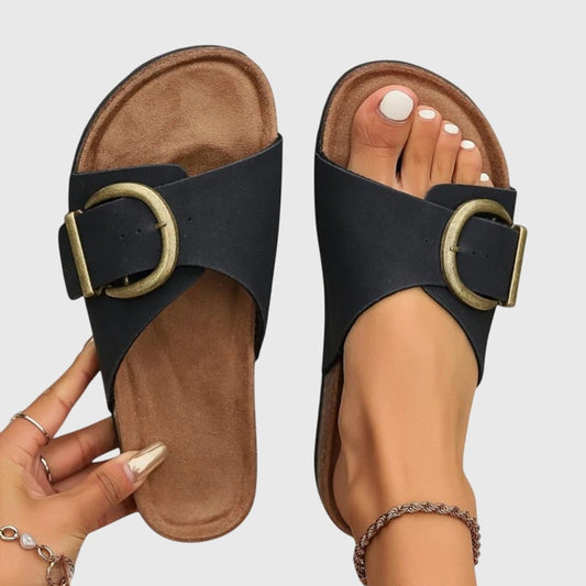 Comfortable Black Sandals for Women with Open Toe Buckle Casual Style