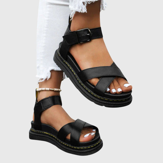 Comfortable Black Sandals for Women with Platform Ankle Strap Open Toe Buckle Casual Style