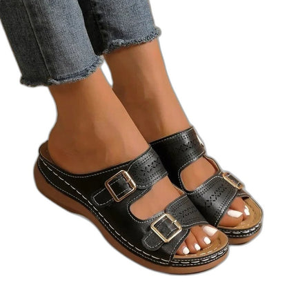 Comfortable Black Sandals for Women with Platform Open Toe Buckle Casual Style