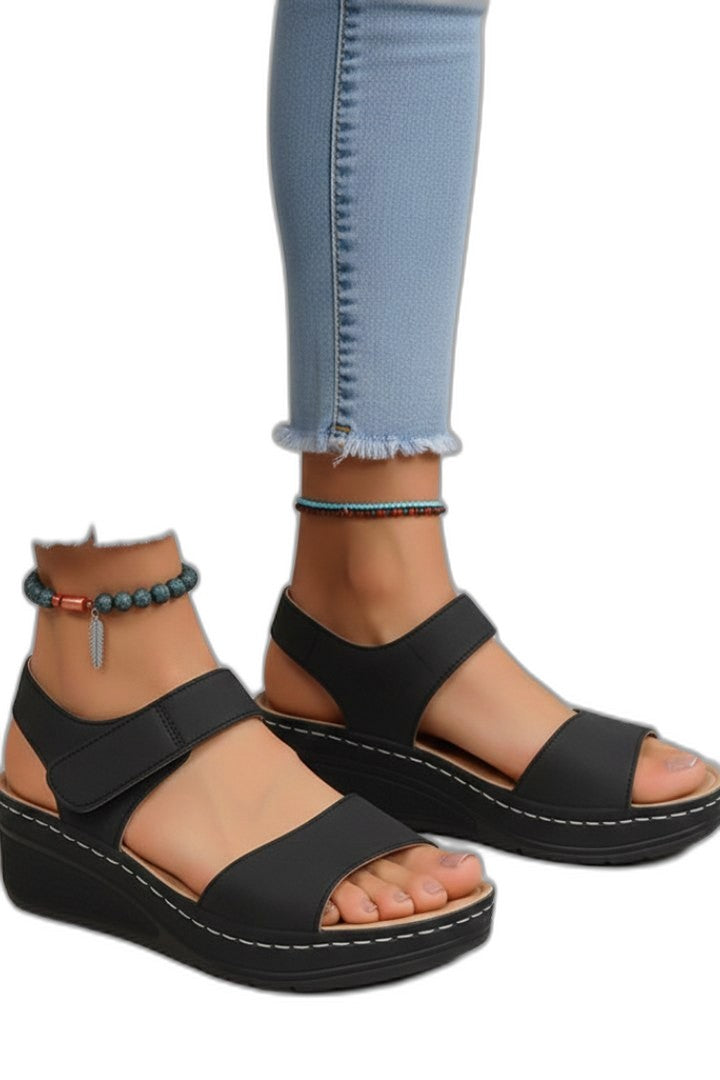 Comfortable Black Sandals for Women with Wedge Ankle Strap Open Toe Buckle Casual Style