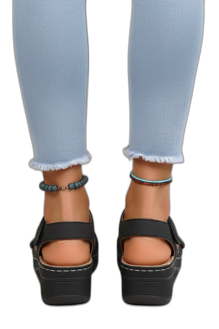 Comfortable Black Sandals for Women with Wedge Ankle Strap Open Toe Buckle Casual Style