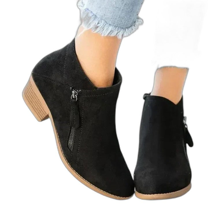 Comfortable Black Suede Ankle Boots for Women with Block Heel Closed Toe Casual Style