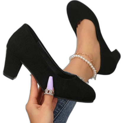 Comfortable Black Suede Heels for Women with Block Heel Pointed Toe Office Style