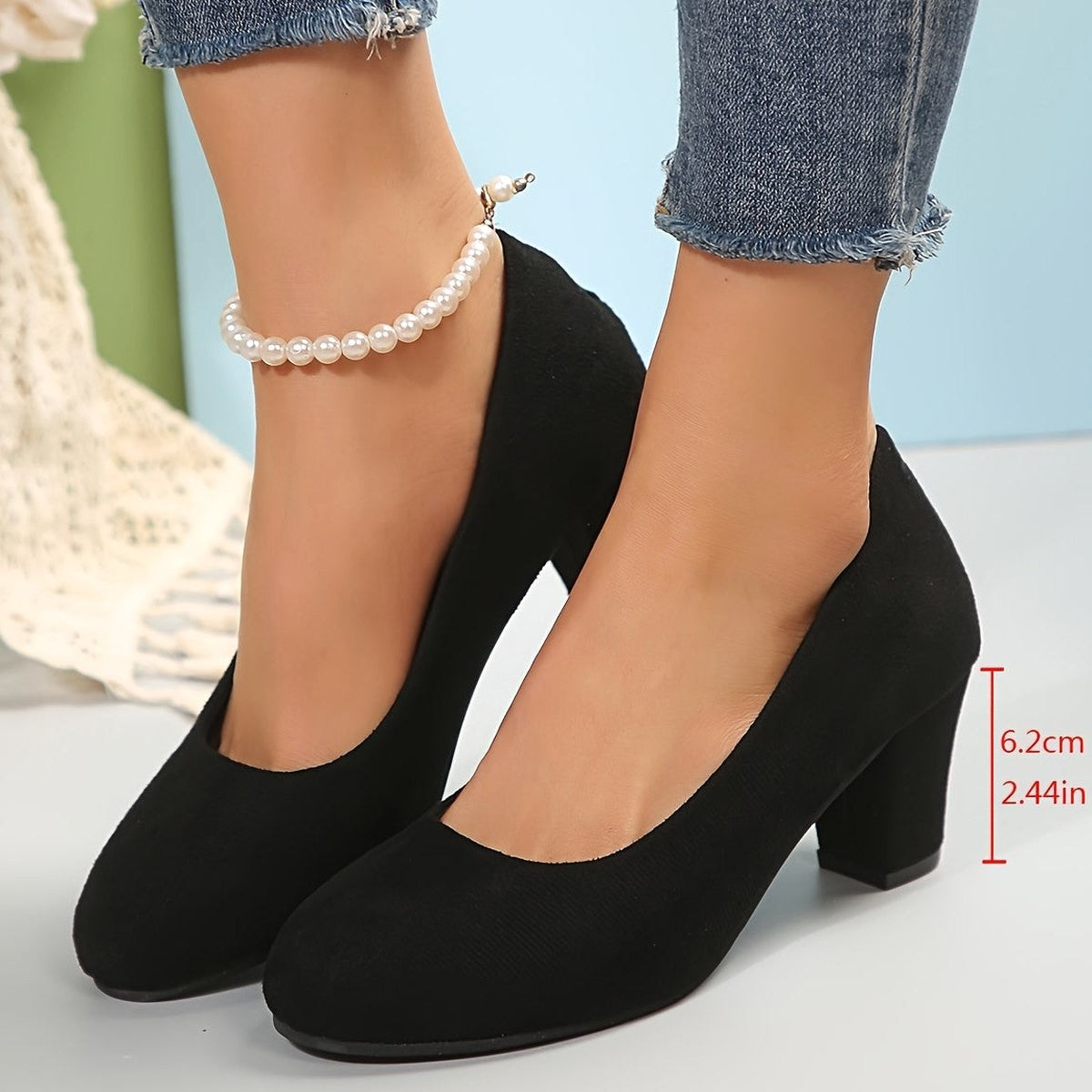 Comfortable Black Suede Heels for Women with Closed Toe Block Heel Pointed Office Style
