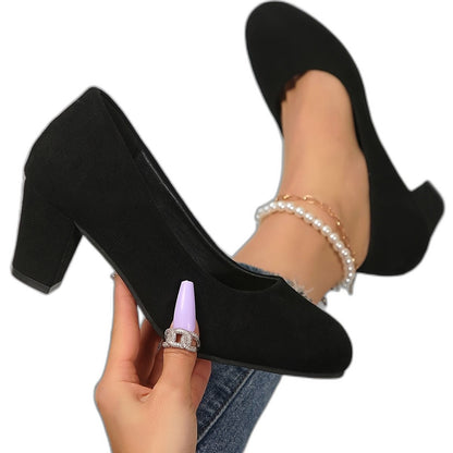 Comfortable Black Suede Heels for Women with Closed Toe Block Heel Pointed Office Style