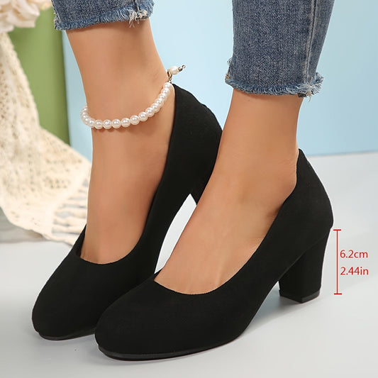 Comfortable Black Suede Heels for Women with Closed Toe Block Heel Pointed Office Style