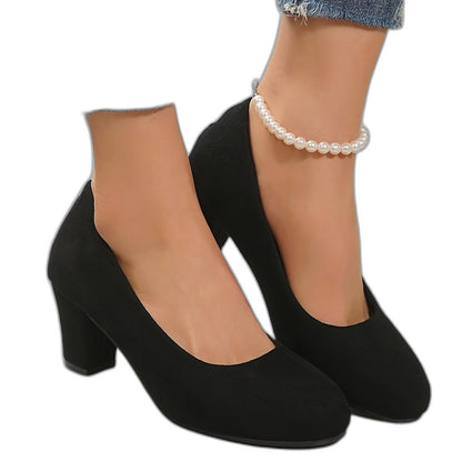 Comfortable Black Suede Heels for Women with Closed Toe Block Heel Pointed Office Style