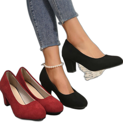 Comfortable Black Suede Heels for Women with Closed Toe Block Heel Pointed Office Style