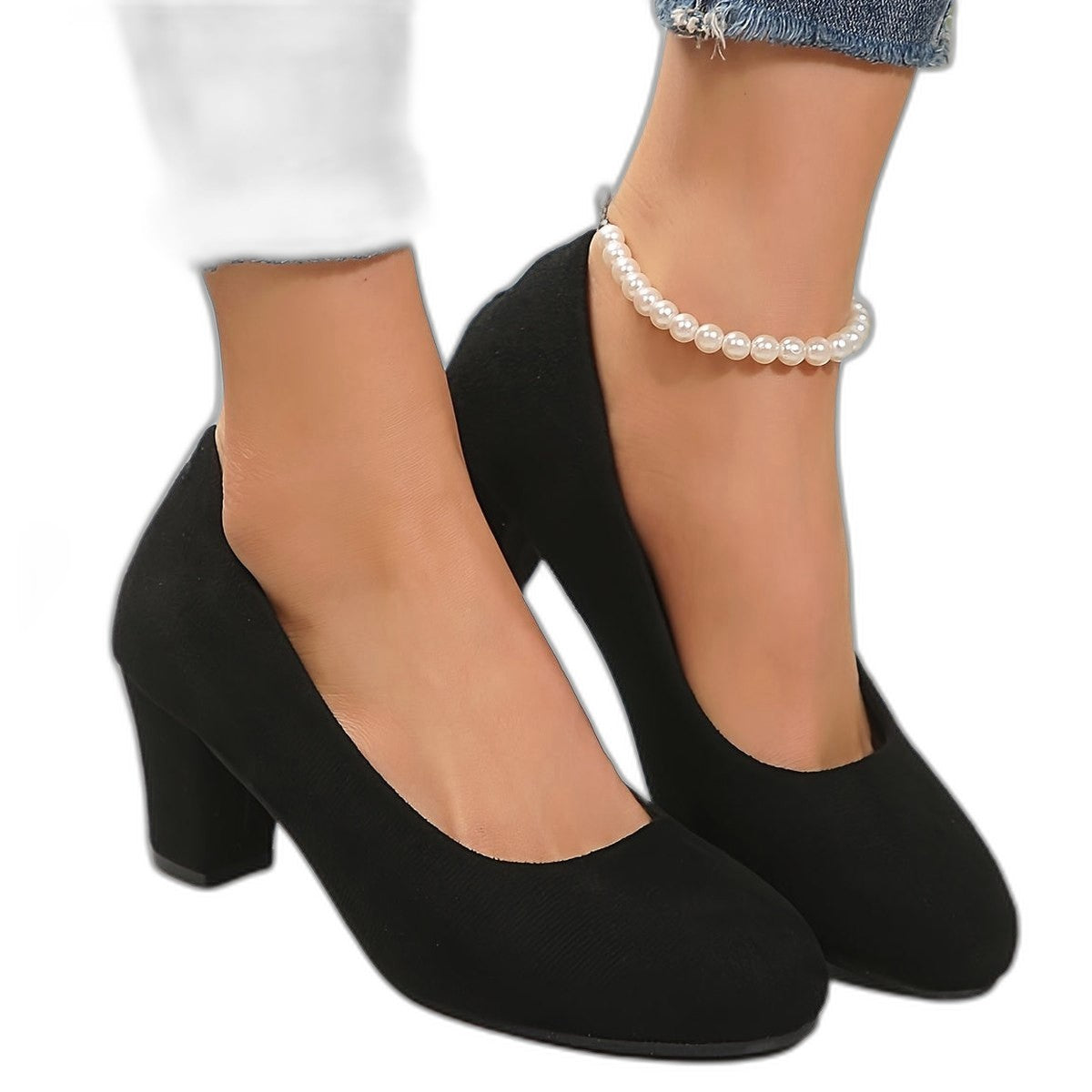 Comfortable Black Suede Heels for Women with Closed Toe Block Heel Pointed Office Style