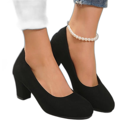 Comfortable Black Suede Heels for Women with Closed Toe Block Heel Pointed Office Style