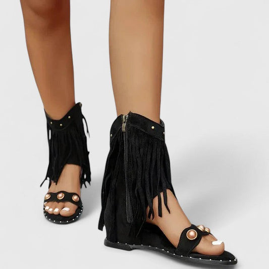 Comfortable Black Suede Sandals for Women with Open Toe Fur Lined Studded Casual Style