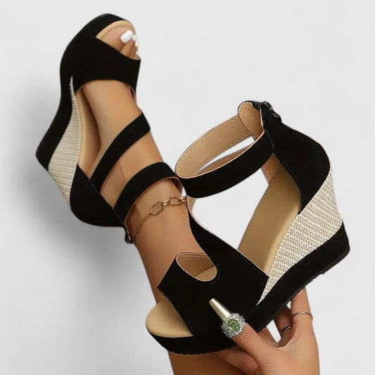 Comfortable Black Suede Wedge Sandals for Women with Platform Ankle Strap Open Toe Party Style