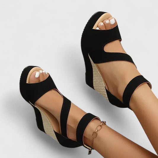 Comfortable Black Suede Wedge Sandals for Women with Platform Ankle Strap Open Toe Party Style