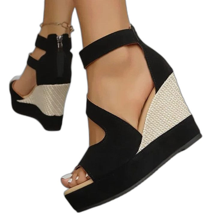 Comfortable Black Suede Wedge Sandals for Women with Platform Ankle Strap Open Toe Party Style