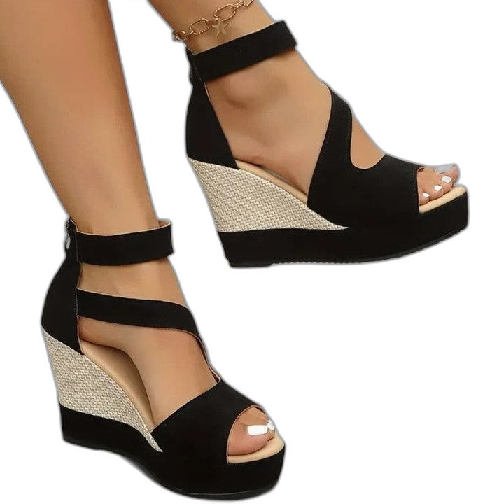 Comfortable Black Suede Wedge Sandals for Women with Platform Ankle Strap Open Toe Party Style