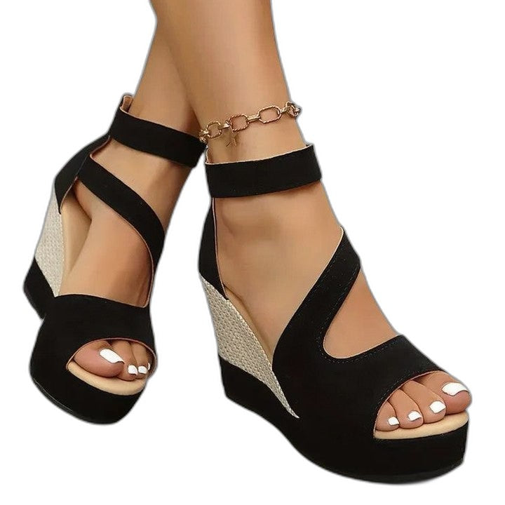 Comfortable Black Suede Wedge Sandals for Women with Platform Ankle Strap Open Toe Party Style