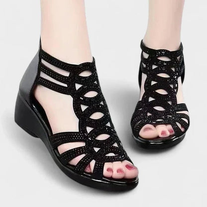 Comfortable Black Wedge Sandals for Women with Cutout Closed Toe Casual Style