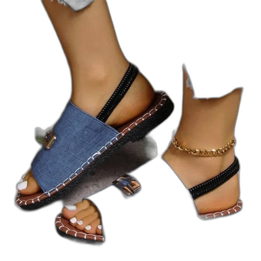 Comfortable Blue Denim Sandals for Women with Wedge Open Toe Buckle Casual Style