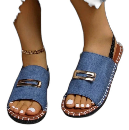 Comfortable Blue Denim Sandals for Women with Wedge Open Toe Buckle Casual Style